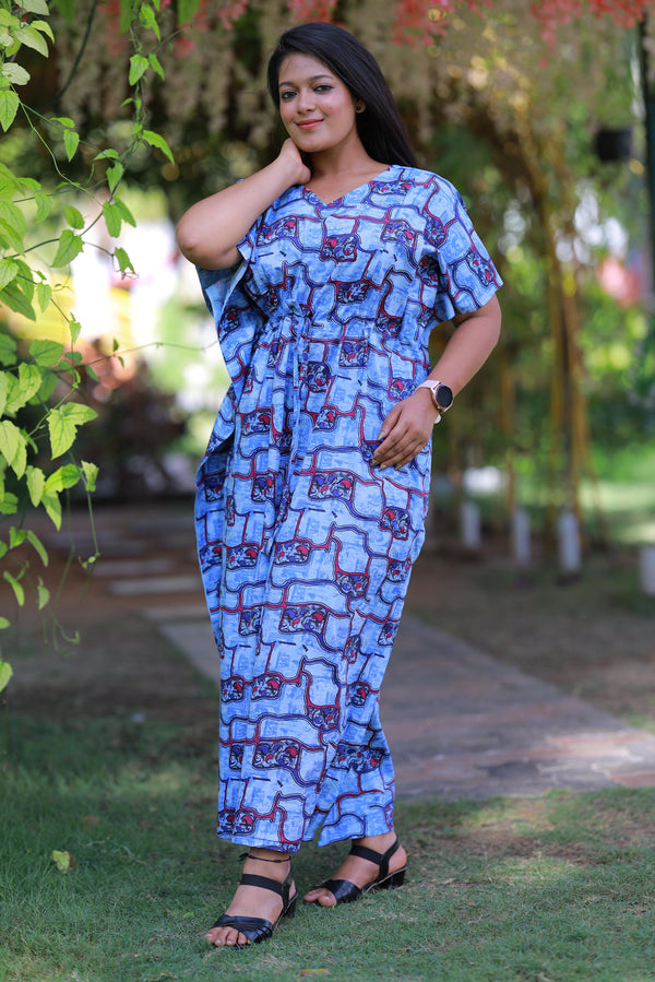 Light Blue With Purple  Kalamkari Pure cotton kaftan with feeding side zip