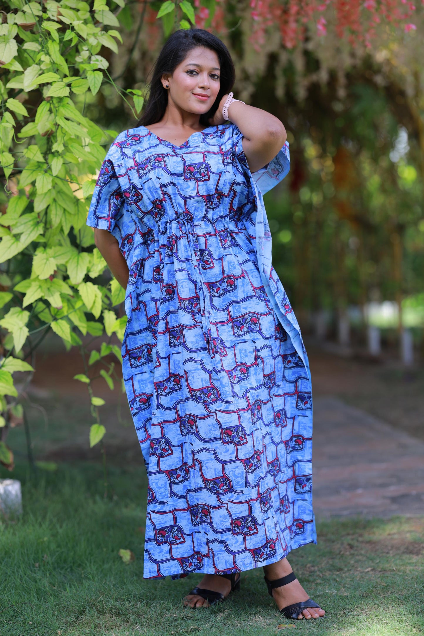 Light Blue With Purple  Kalamkari Pure cotton kaftan with feeding side zip