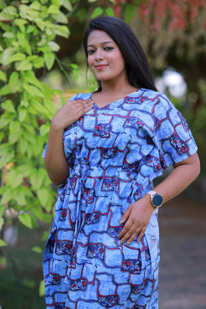 Light Blue With Purple  Kalamkari Pure cotton kaftan with feeding side zip