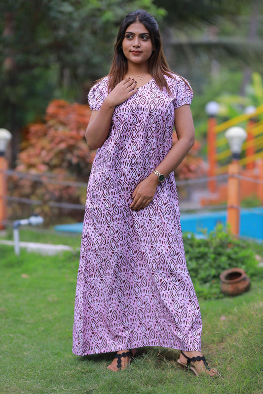 Light Purple With Dark Purple Pattern  V Neck Puff Sleeve  Without Zip Nighty