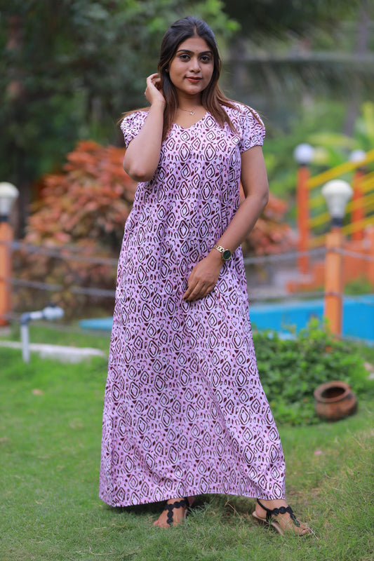 Light Purple With Dark Purple Pattern  V Neck Puff Sleeve  Without Zip Nighty