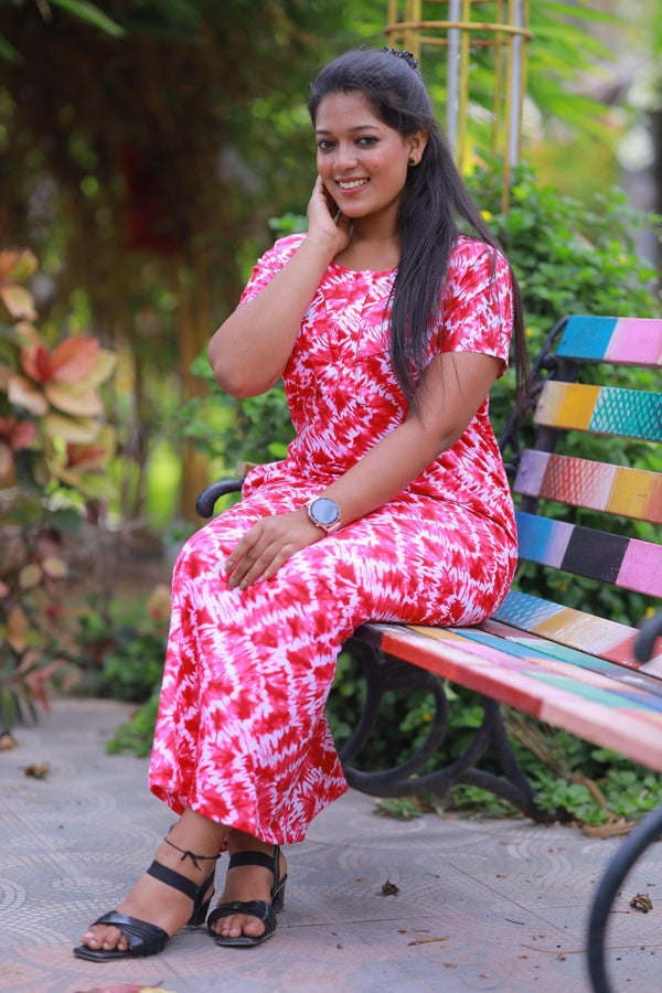 Dark Pink With White Pattern Design Piping Center Zip Nighty