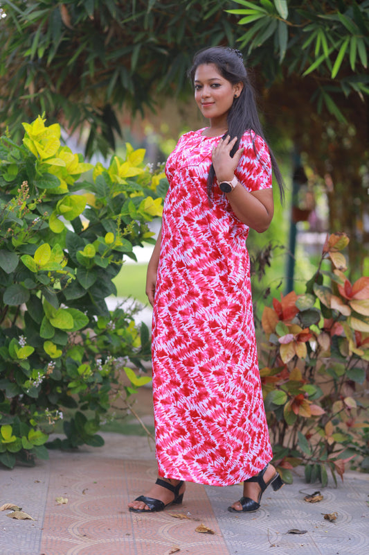 Dark Pink With White Pattern Design Piping Center Zip Nighty