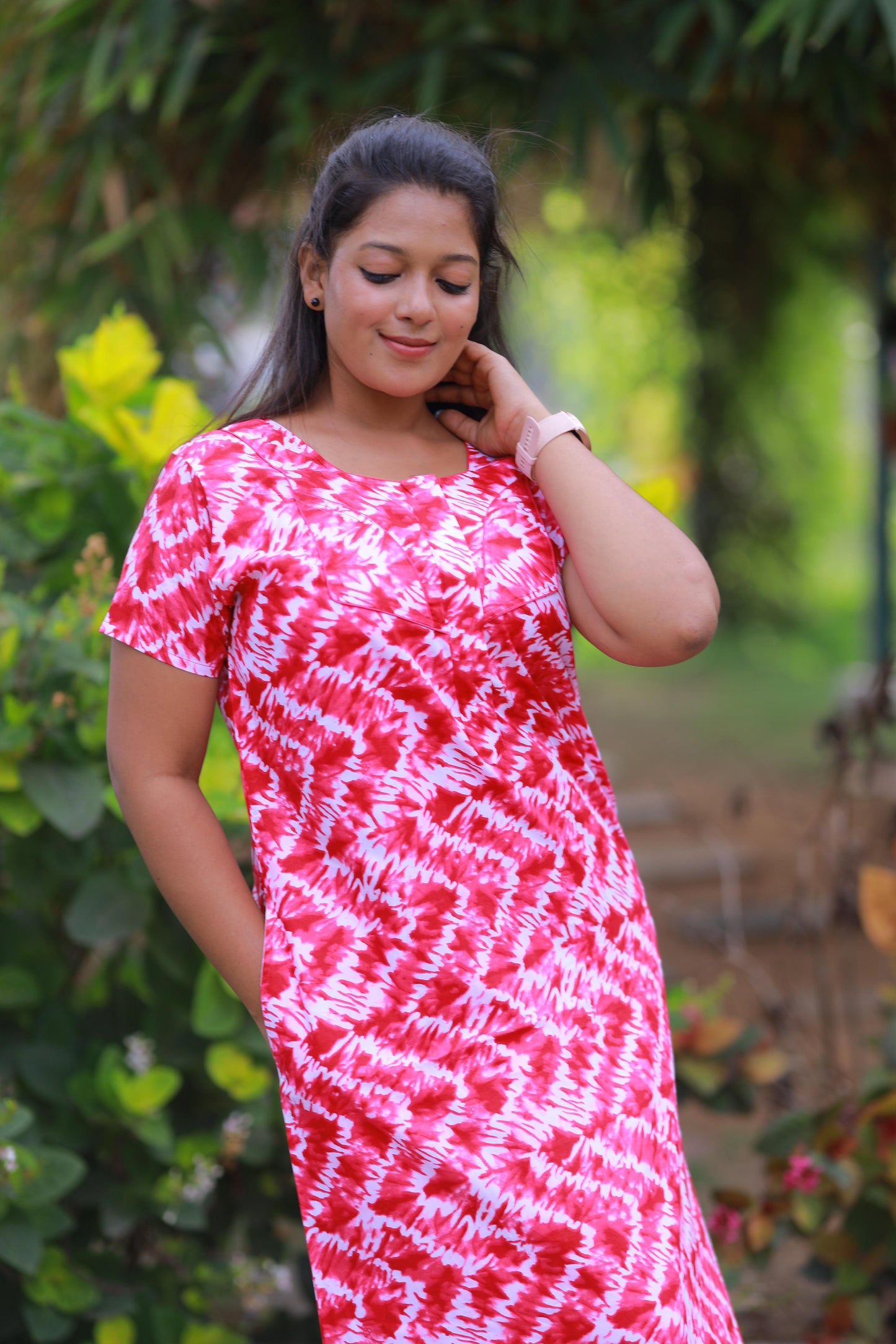 Dark Pink With White Pattern Design Piping Center Zip Nighty
