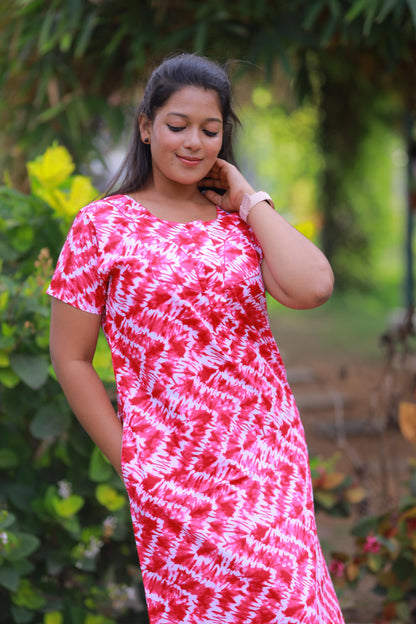 Dark Pink With White Pattern Design Piping Center Zip Nighty