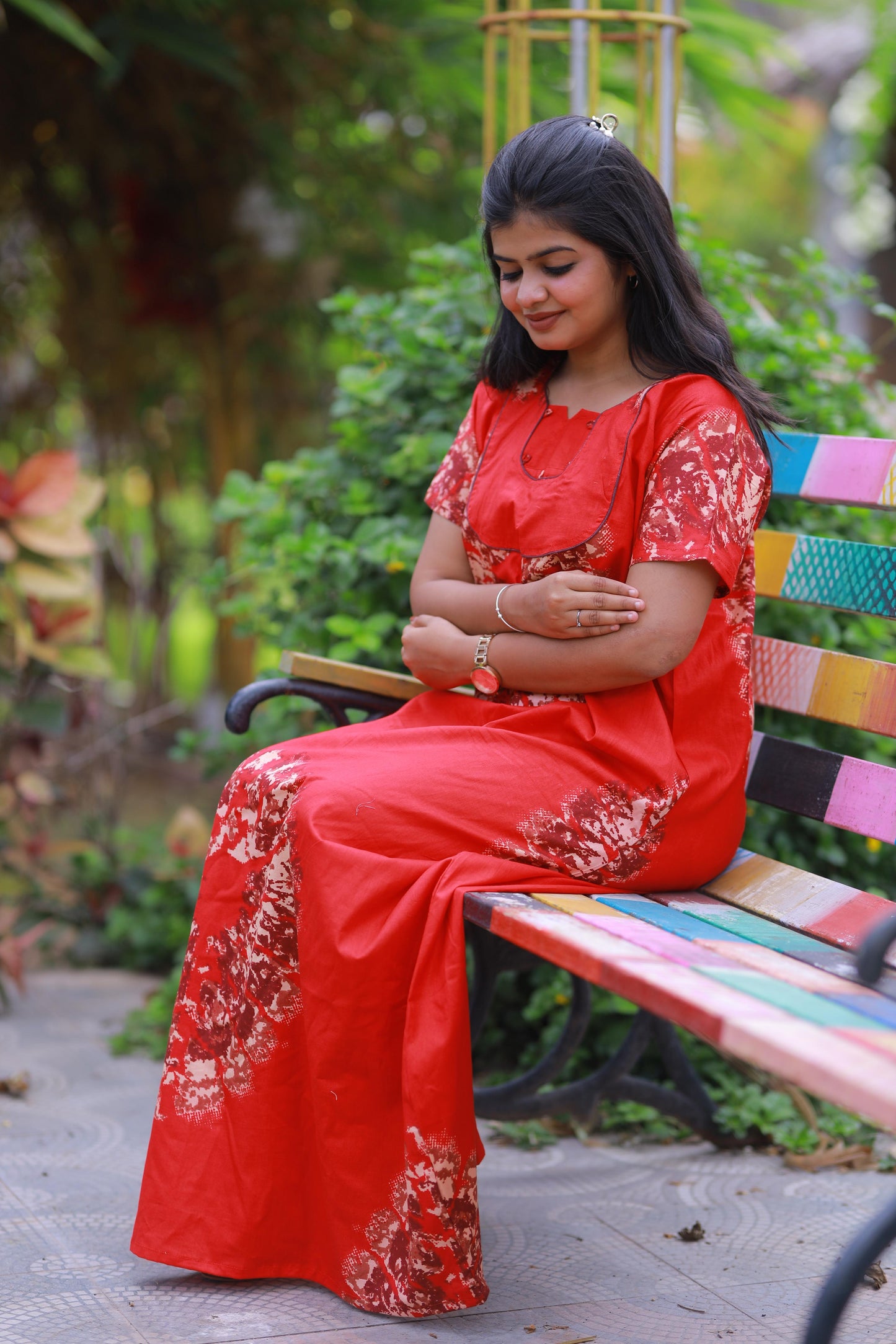 Red With Sandal Pyping  Without Zip Nighty