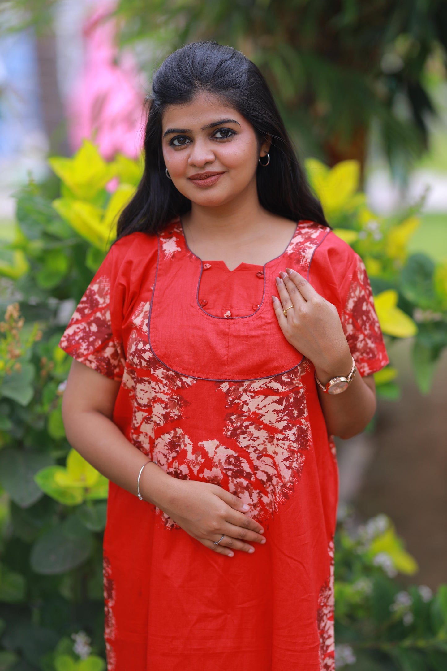 Red With Sandal Pyping  Without Zip Nighty