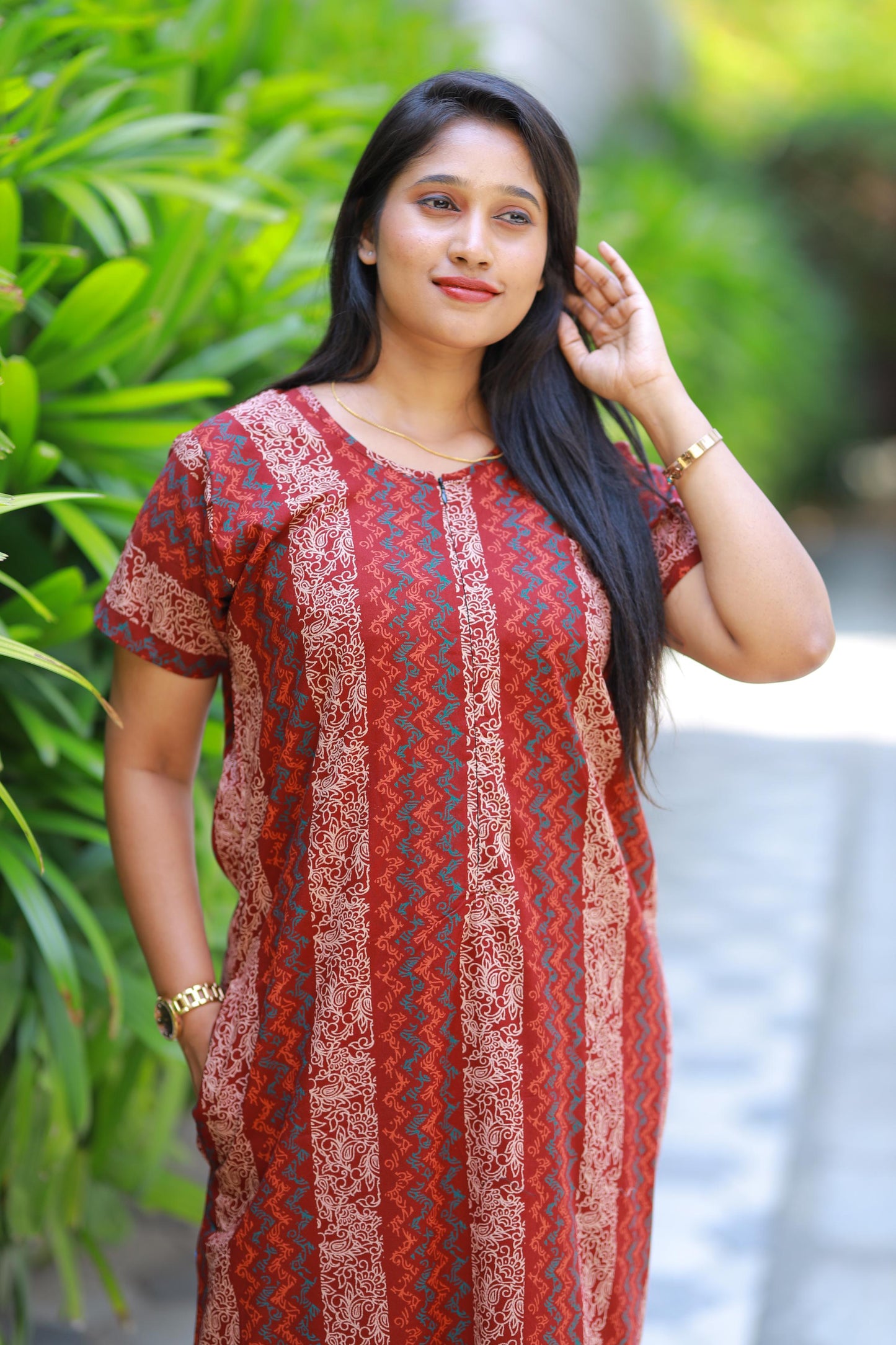 maroon With sandal Flower Design  Invisible Zip Nighty