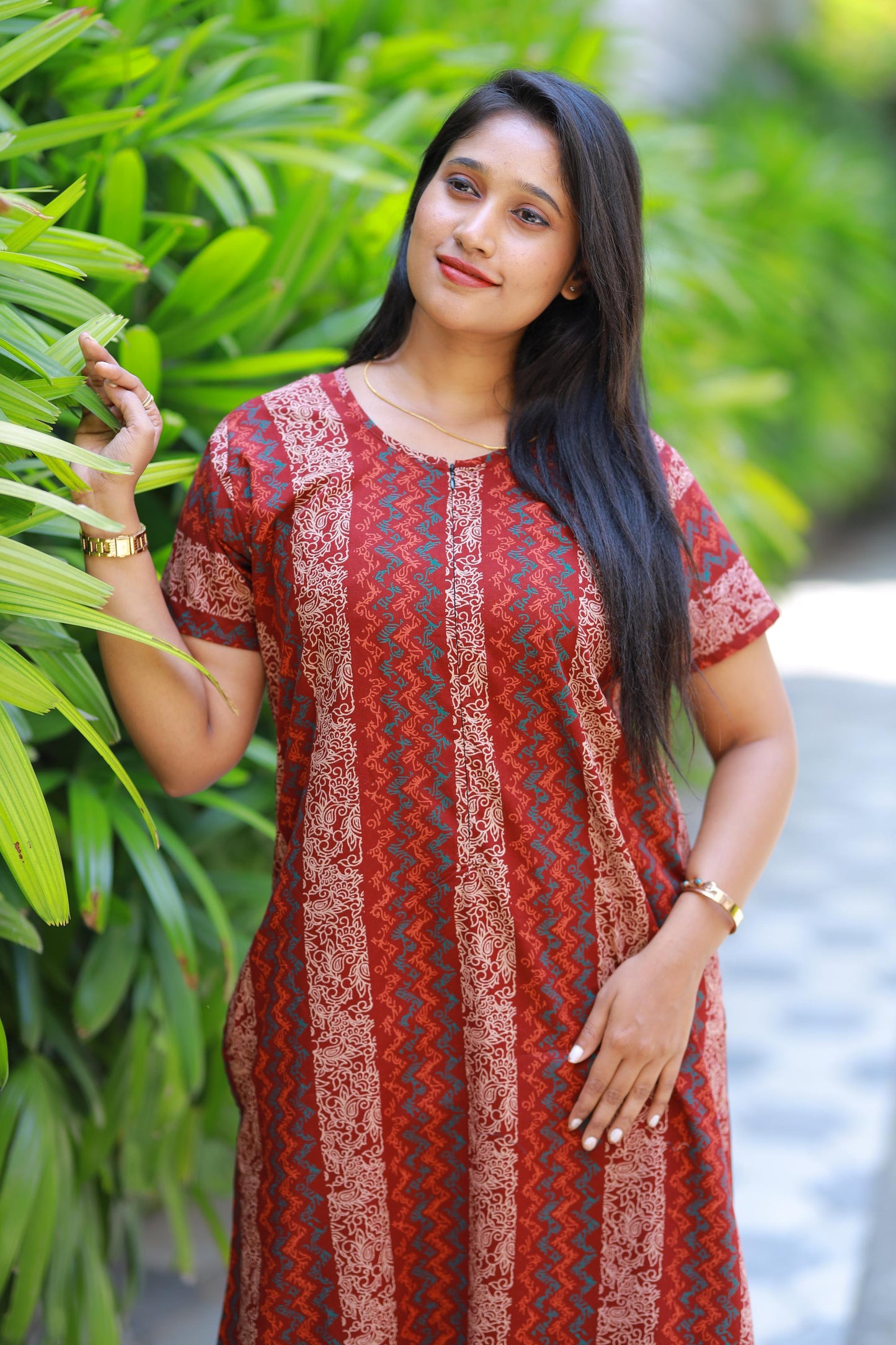 maroon With sandal Flower Design  Invisible Zip Nighty