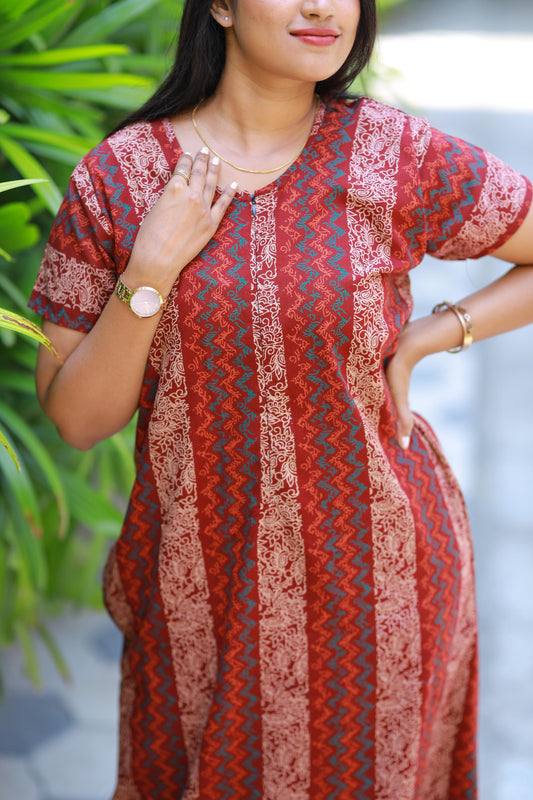 maroon With sandal Flower Design  Invisible Zip Nighty