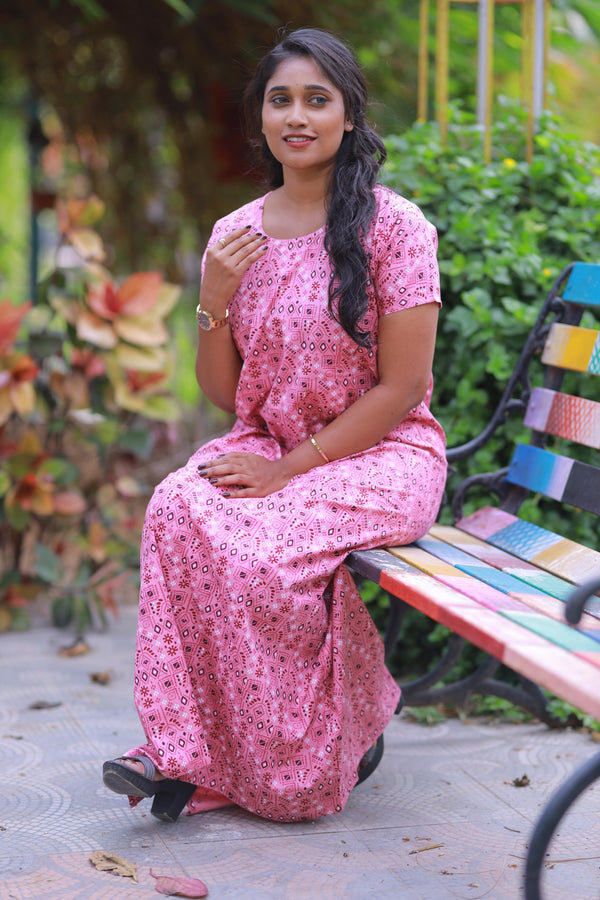 Peach  With Brown and White Pattern Design Vertical Side Zip Feeding Nighty