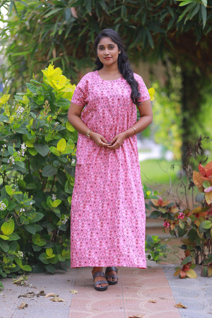 Peach  With Brown and White Pattern Design Vertical Side Zip Feeding Nighty