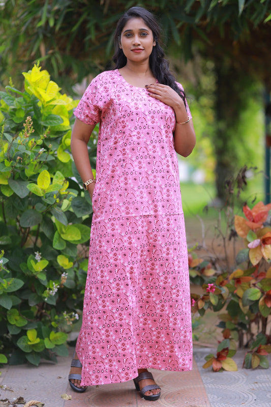 Peach  With Brown and White Pattern Design Vertical Side Zip Feeding Nighty
