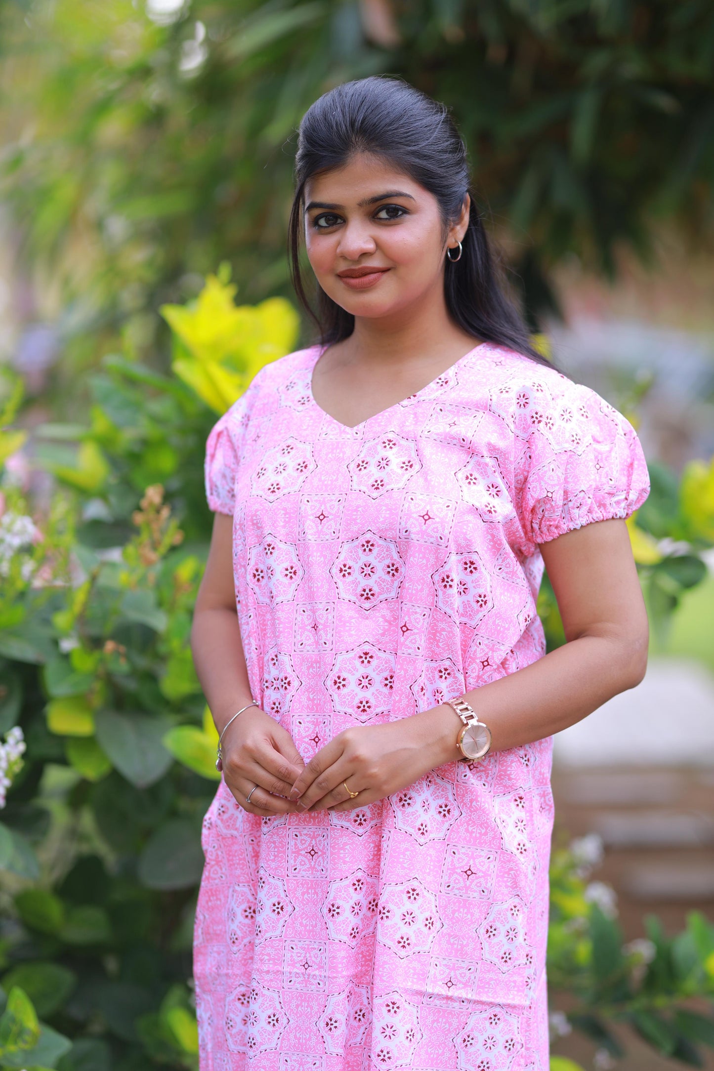 Light Pink With White Rangoli Design V Neck Puff Sleeve Without Zip Nighty