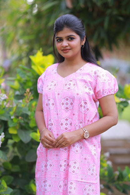 Light Pink With White Rangoli Design V Neck Puff Sleeve Without Zip Nighty