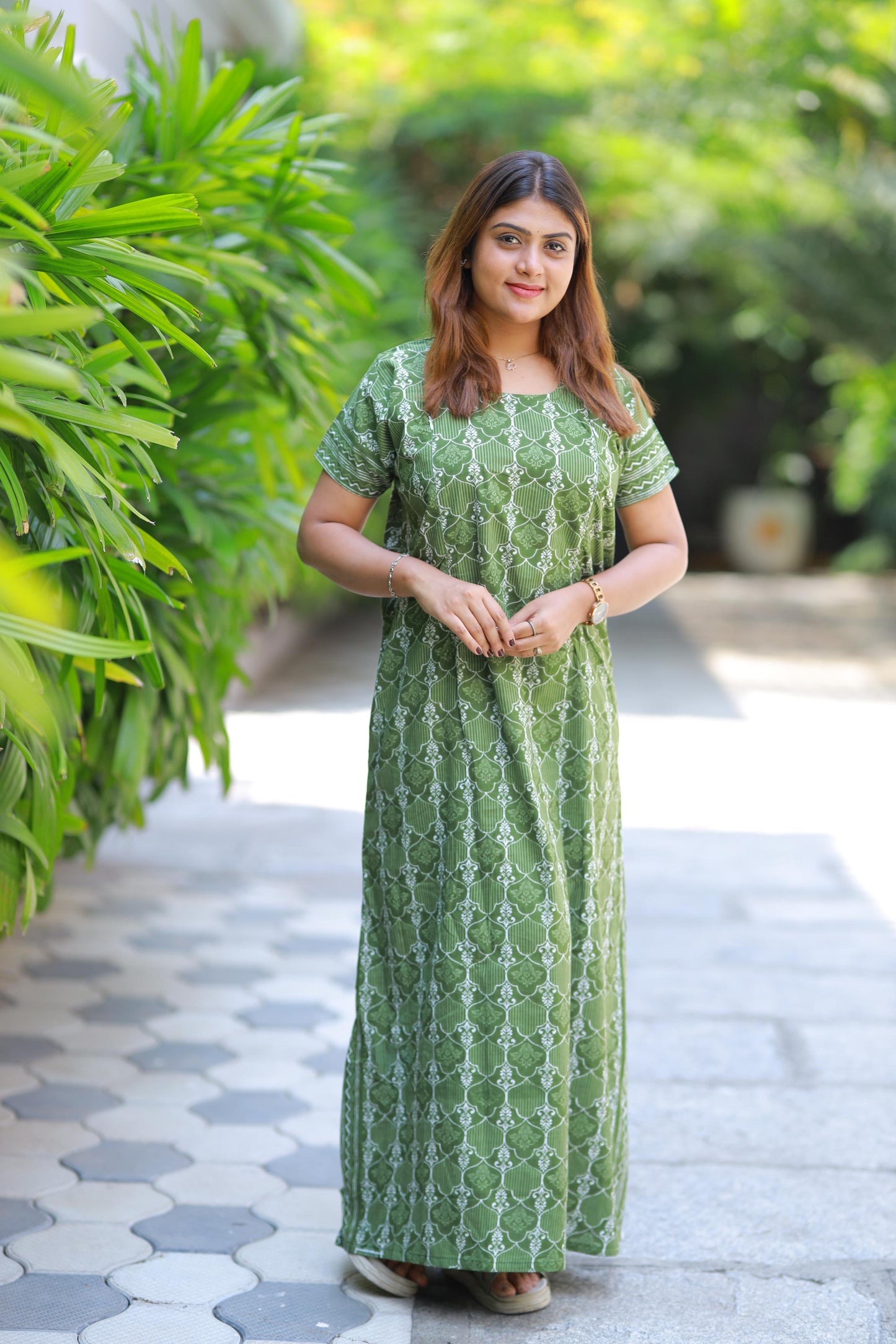 Green With White Floral Design Vertical Side Zip Feeding Nighty
