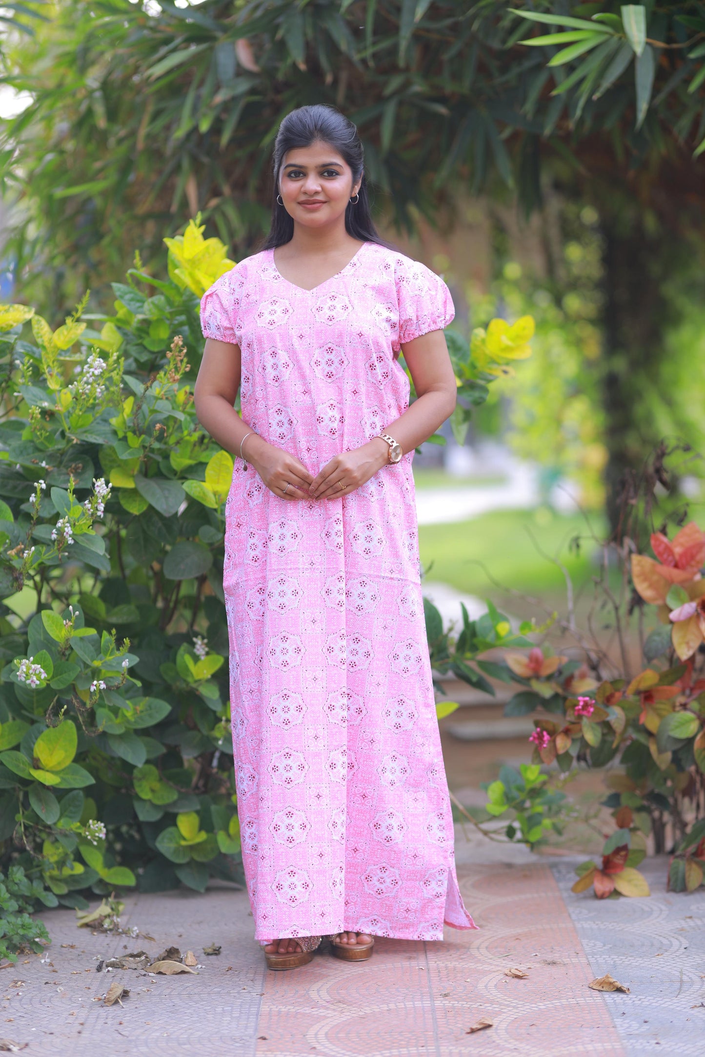 Light Pink With White Rangoli Design V Neck Puff Sleeve Without Zip Nighty