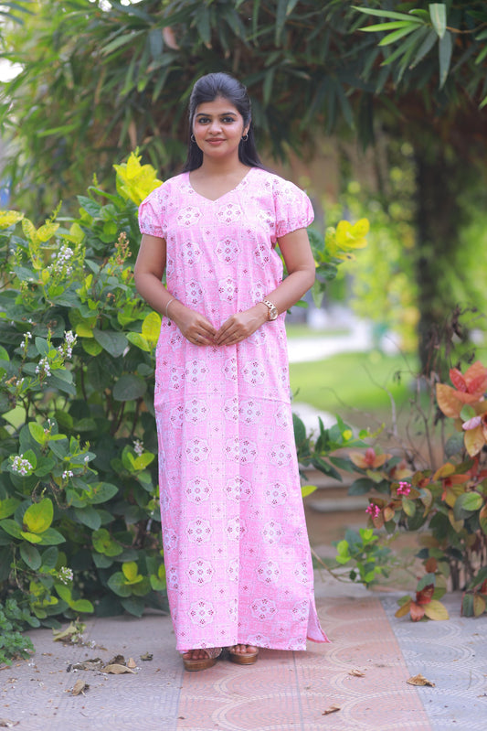 Light Pink With White Rangoli Design V Neck Puff Sleeve Without Zip Nighty