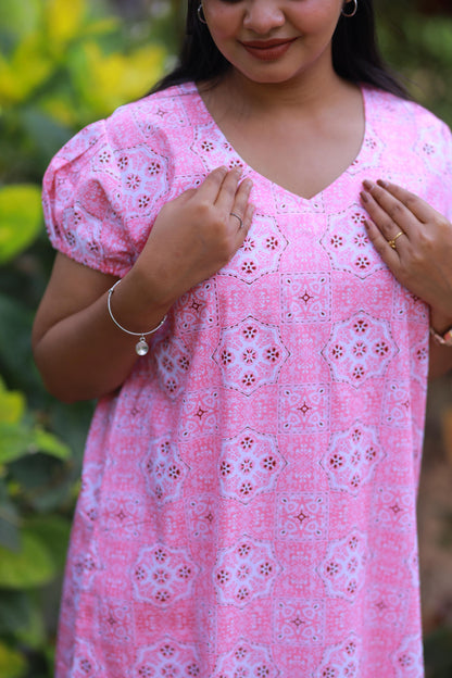Light Pink With White Rangoli Design V Neck Puff Sleeve Without Zip Nighty