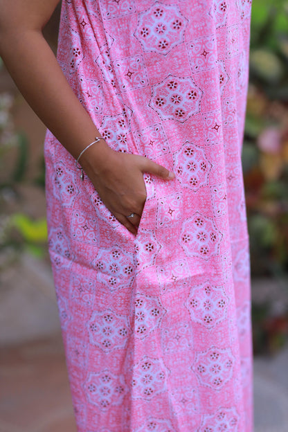 Light Pink With White Rangoli Design V Neck Puff Sleeve Without Zip Nighty