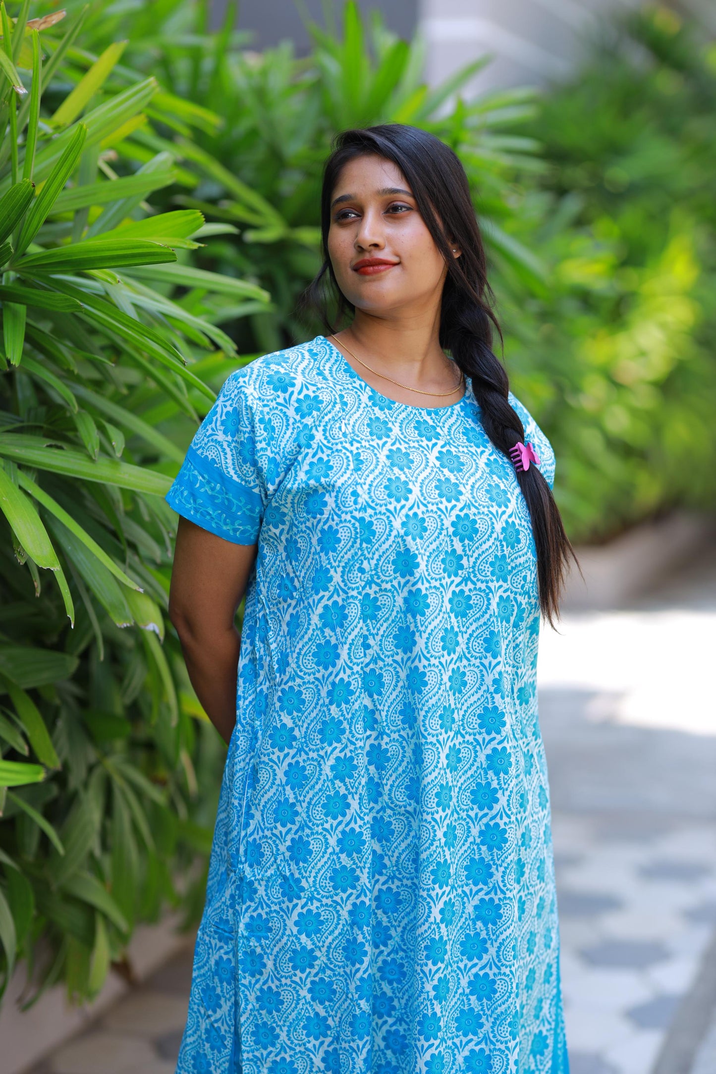 Sky Blue With White Floral Design Vertical Side Zip Feeding Nighty