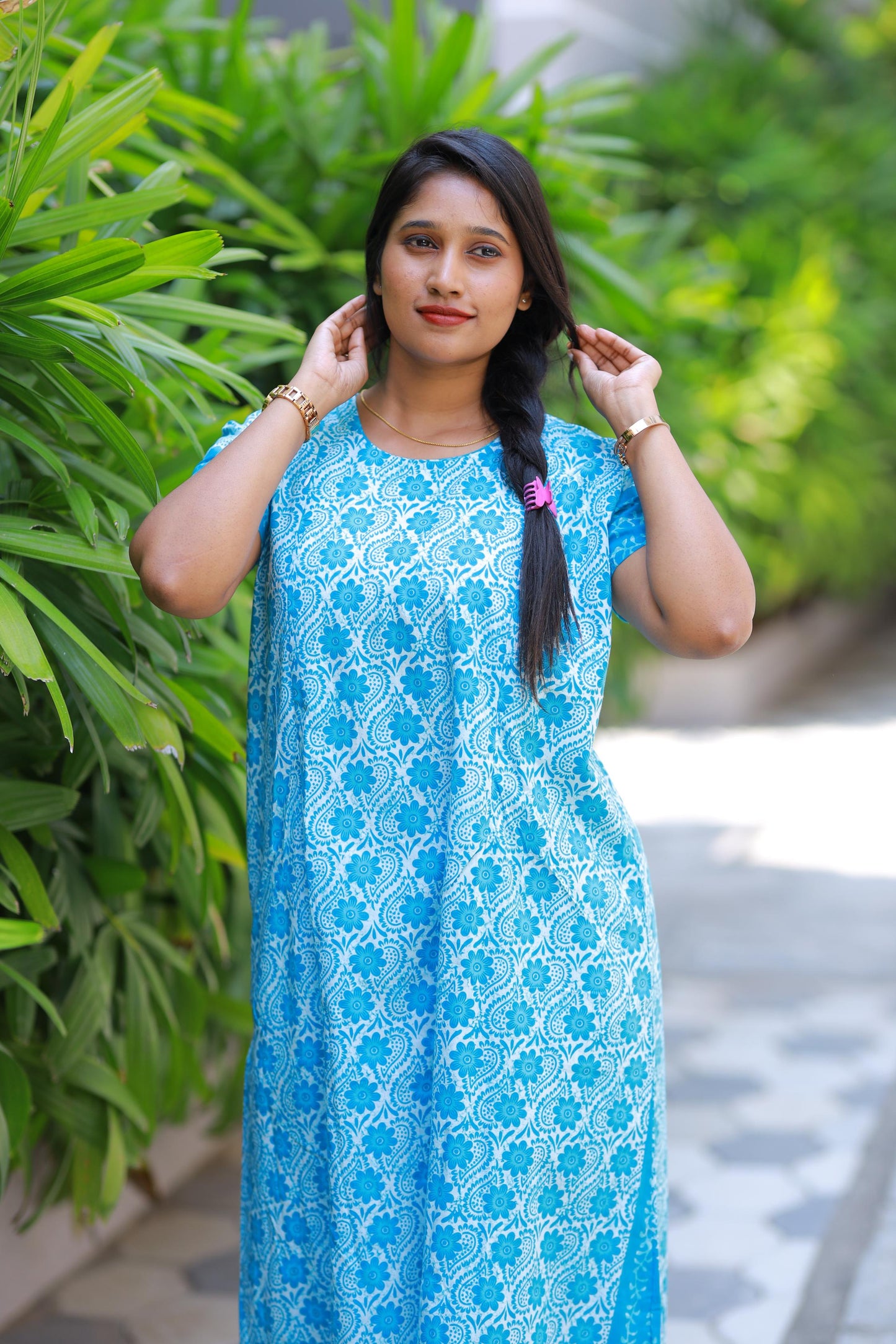Sky Blue With White Floral Design Vertical Side Zip Feeding Nighty