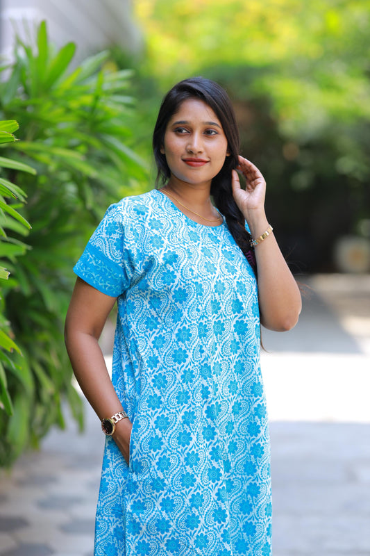 Sky Blue With White Floral Design Vertical Side Zip Feeding Nighty