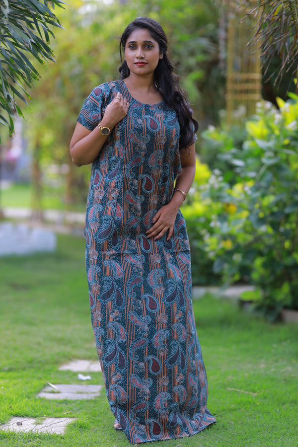 Dark Green With Orange and White Mehandi Design Vertical Side Zip Feeding Nighty