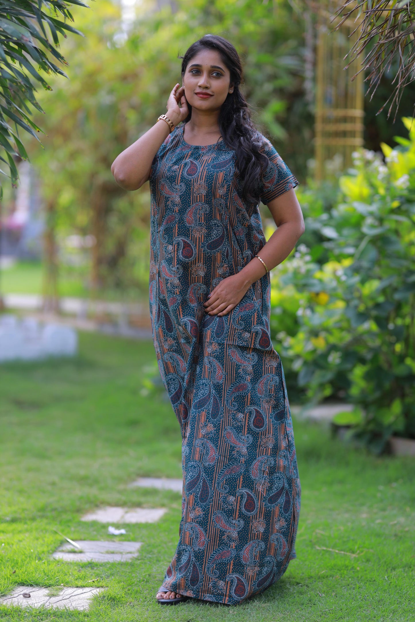 Dark Green With Orange and White Mehandi Design Vertical Side Zip Feeding Nighty