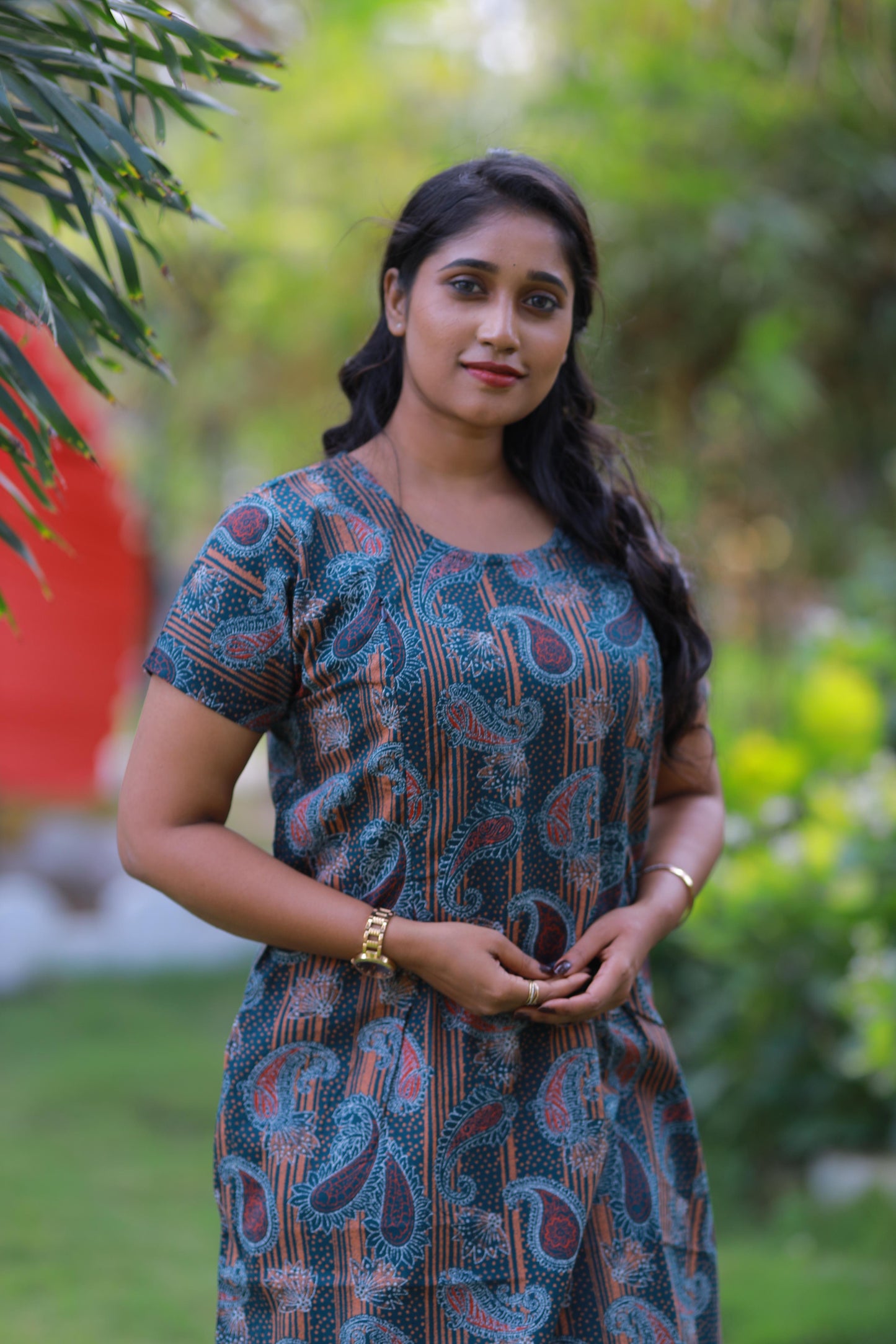 Dark Green With Orange and White Mehandi Design Vertical Side Zip Feeding Nighty