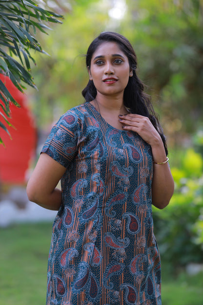 Dark Green With Orange and White Mehandi Design Vertical Side Zip Feeding Nighty