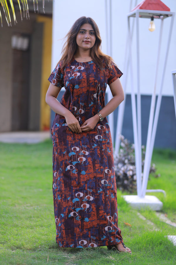 Orange With Drak Brown Floral Design Vertical Side Zip Feeding Nighty