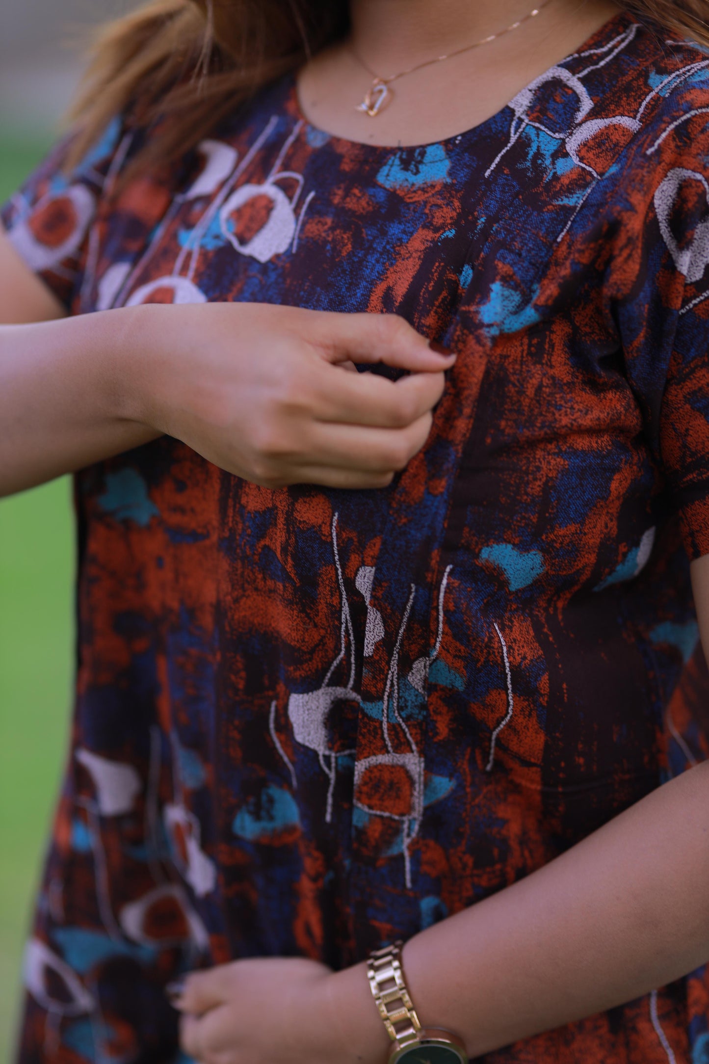Orange With Drak Brown Floral Design Vertical Side Zip Feeding Nighty