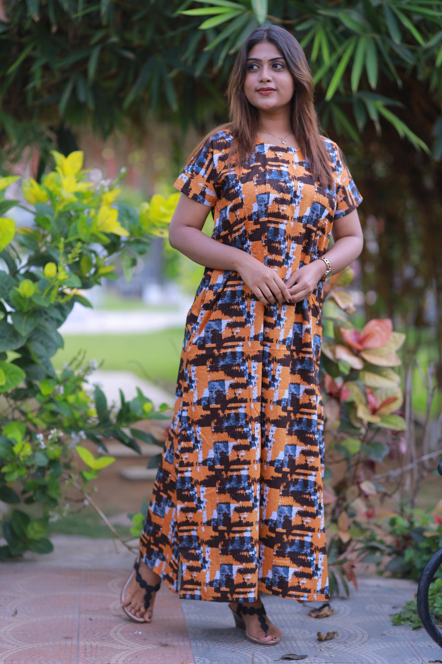 Orange With Dark Brown Design Vertical Side Zip Feeding Nighty