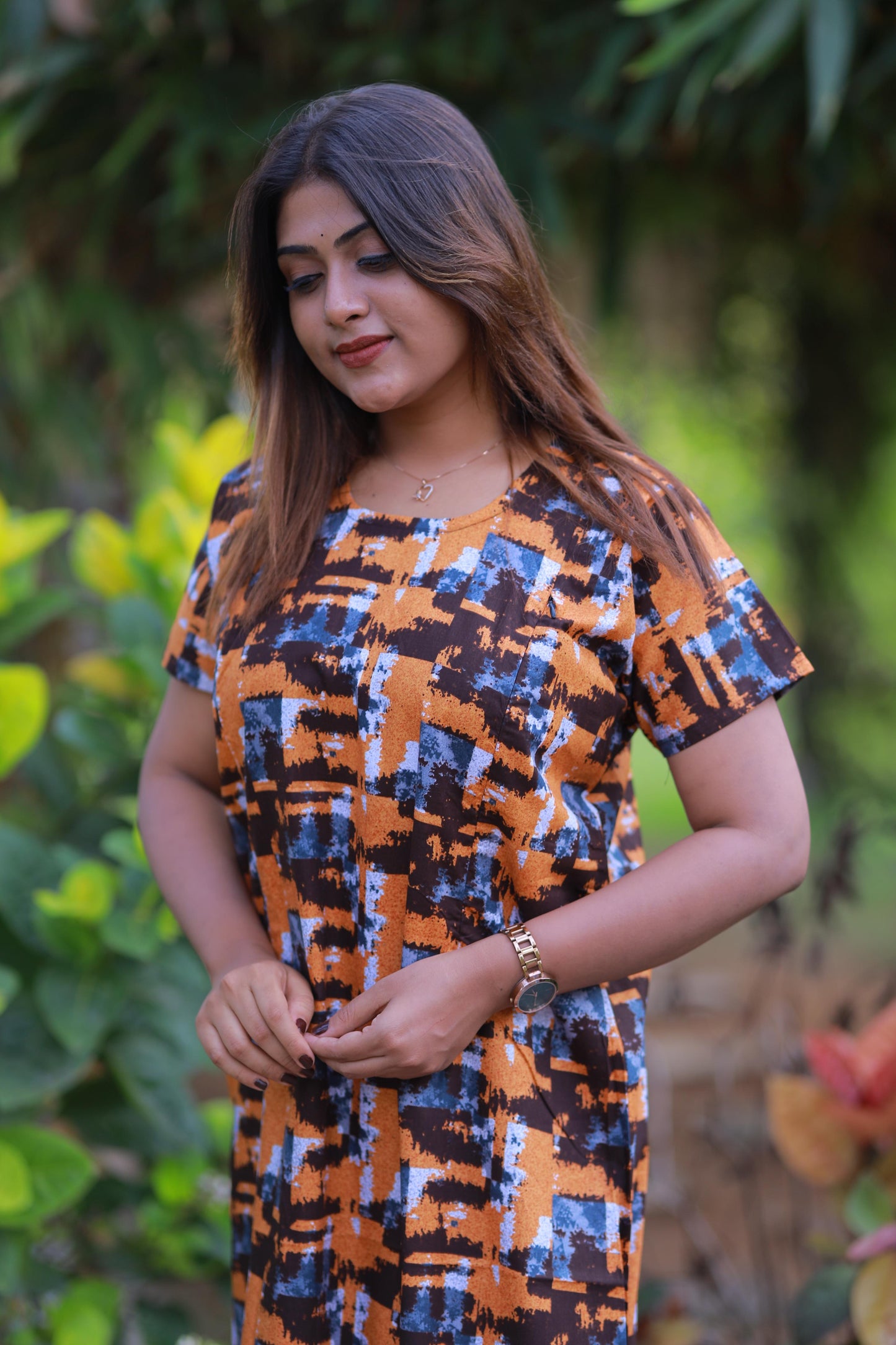 Orange With Dark Brown Design Vertical Side Zip Feeding Nighty