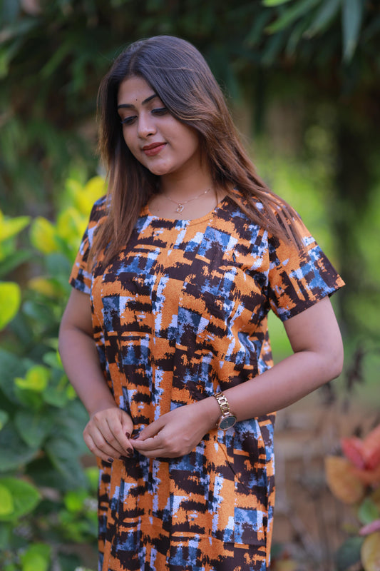Orange With Dark Brown Design Vertical Side Zip Feeding Nighty
