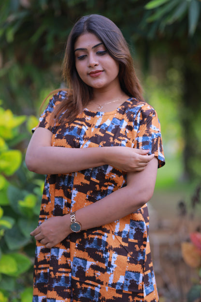 Orange With Dark Brown Design Vertical Side Zip Feeding Nighty