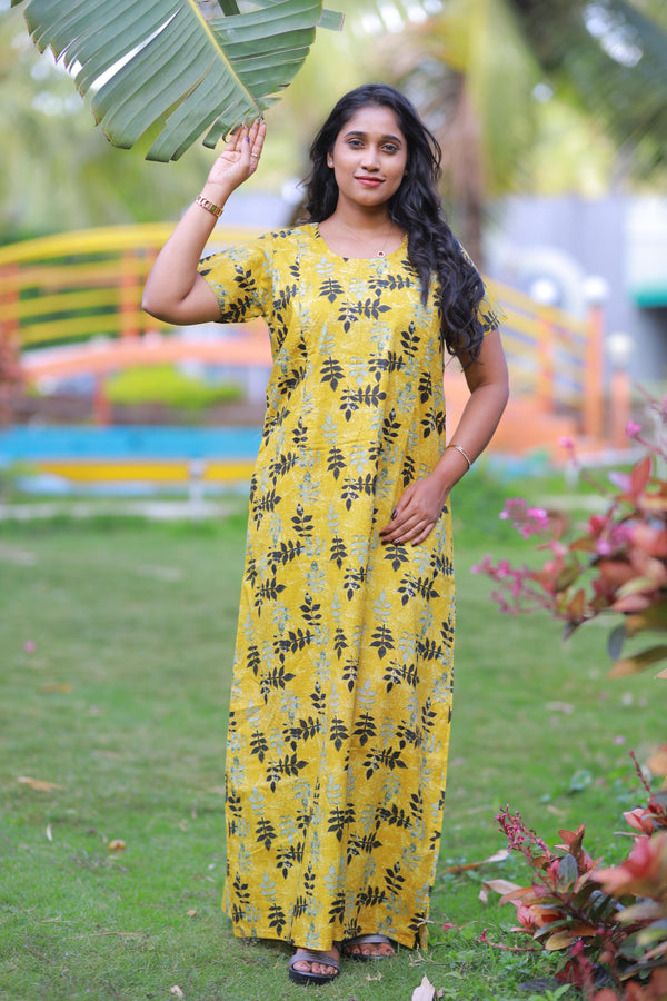 Golden Yellow With Black Leaf  Design Vertical Side Zip Feeding Nighty