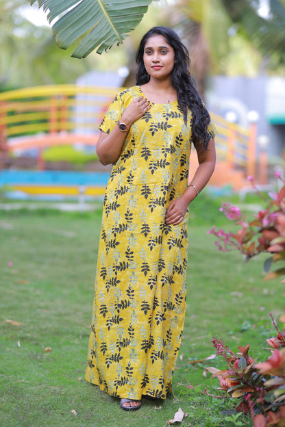 Golden Yellow With Black Leaf  Design Vertical Side Zip Feeding Nighty