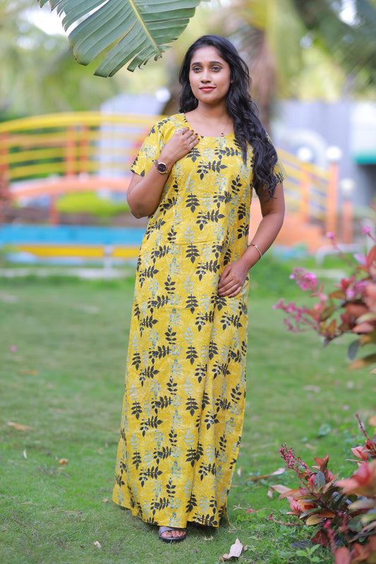 Golden Yellow With Black Leaf  Design Vertical Side Zip Feeding Nighty