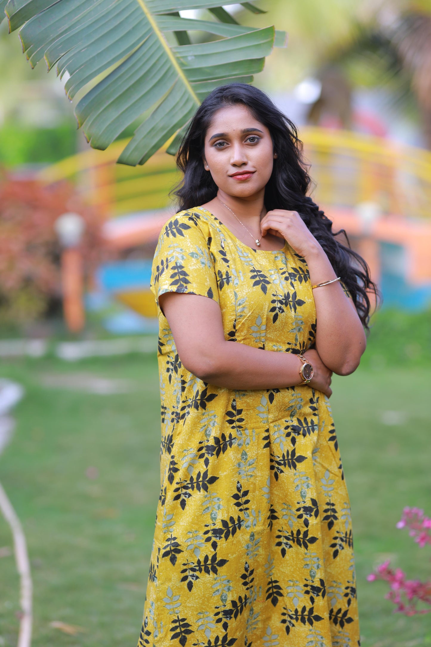 Golden Yellow With Black Leaf  Design Vertical Side Zip Feeding Nighty