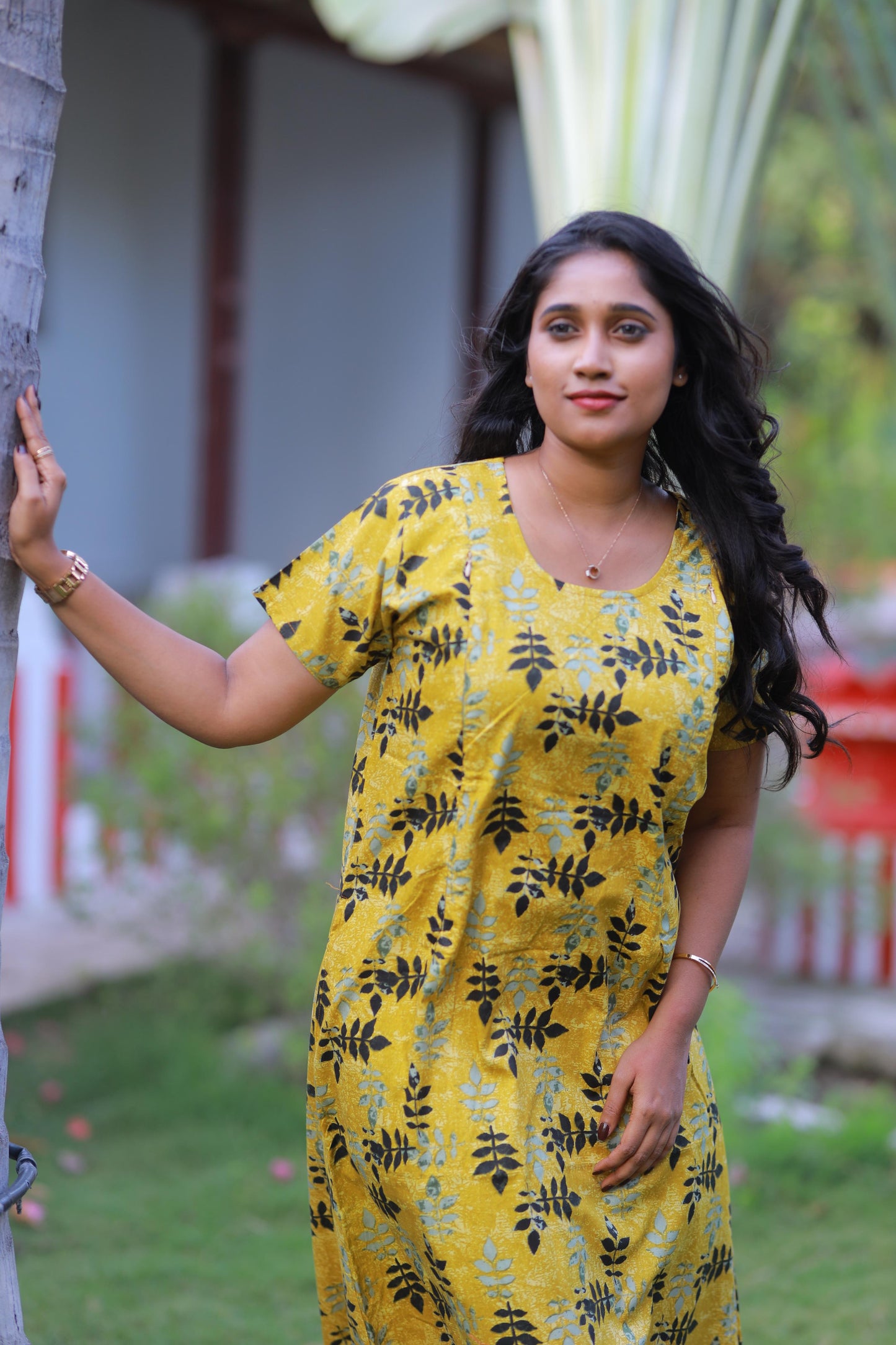 Golden Yellow With Black Leaf  Design Vertical Side Zip Feeding Nighty