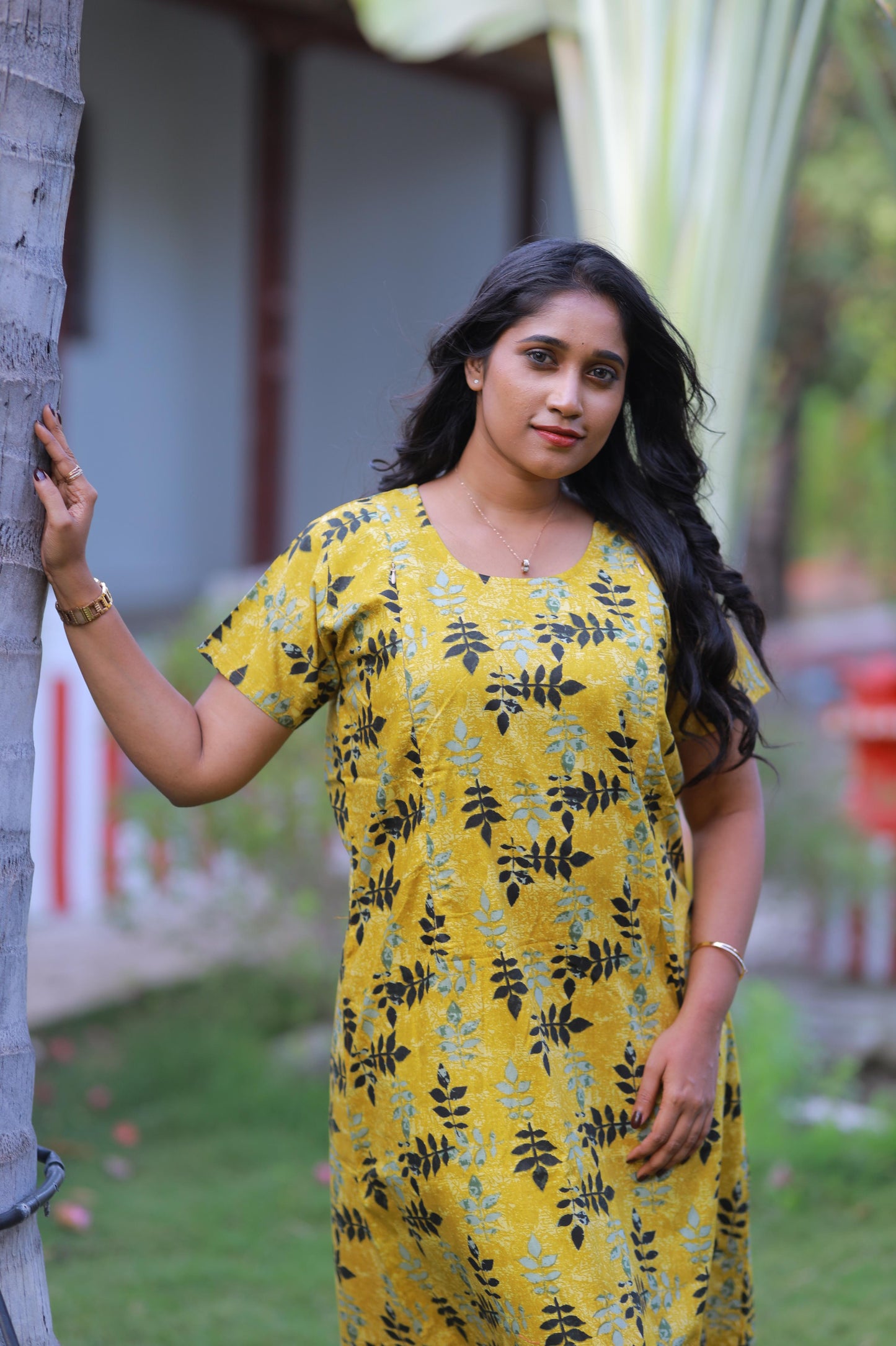 Golden Yellow With Black Leaf  Design Vertical Side Zip Feeding Nighty
