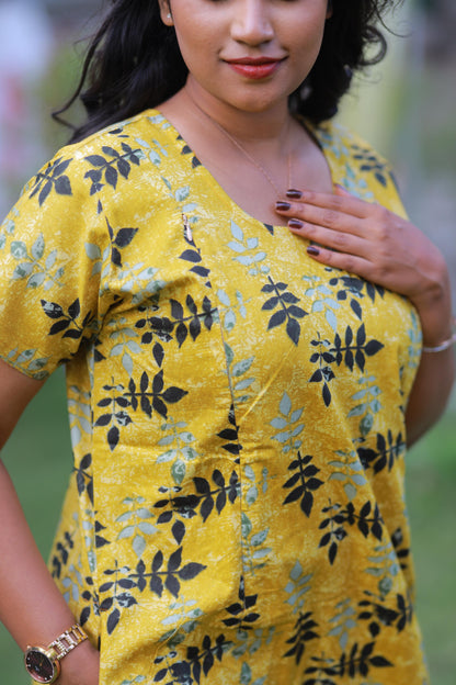 Golden Yellow With Black Leaf  Design Vertical Side Zip Feeding Nighty