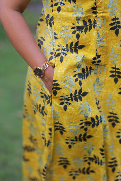 Golden Yellow With Black Leaf  Design Vertical Side Zip Feeding Nighty