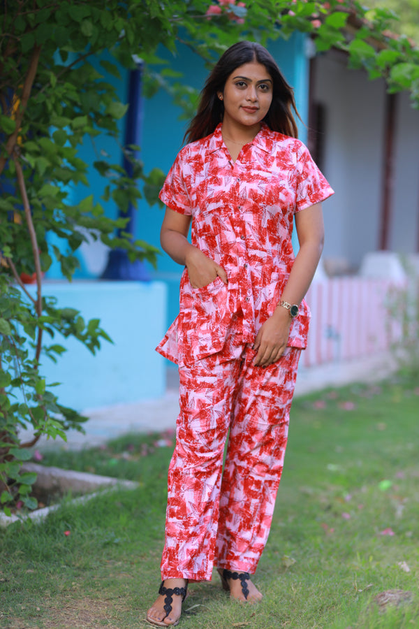 FANCY - Light Pink With Red Leaf Design full button collar type Nightdress