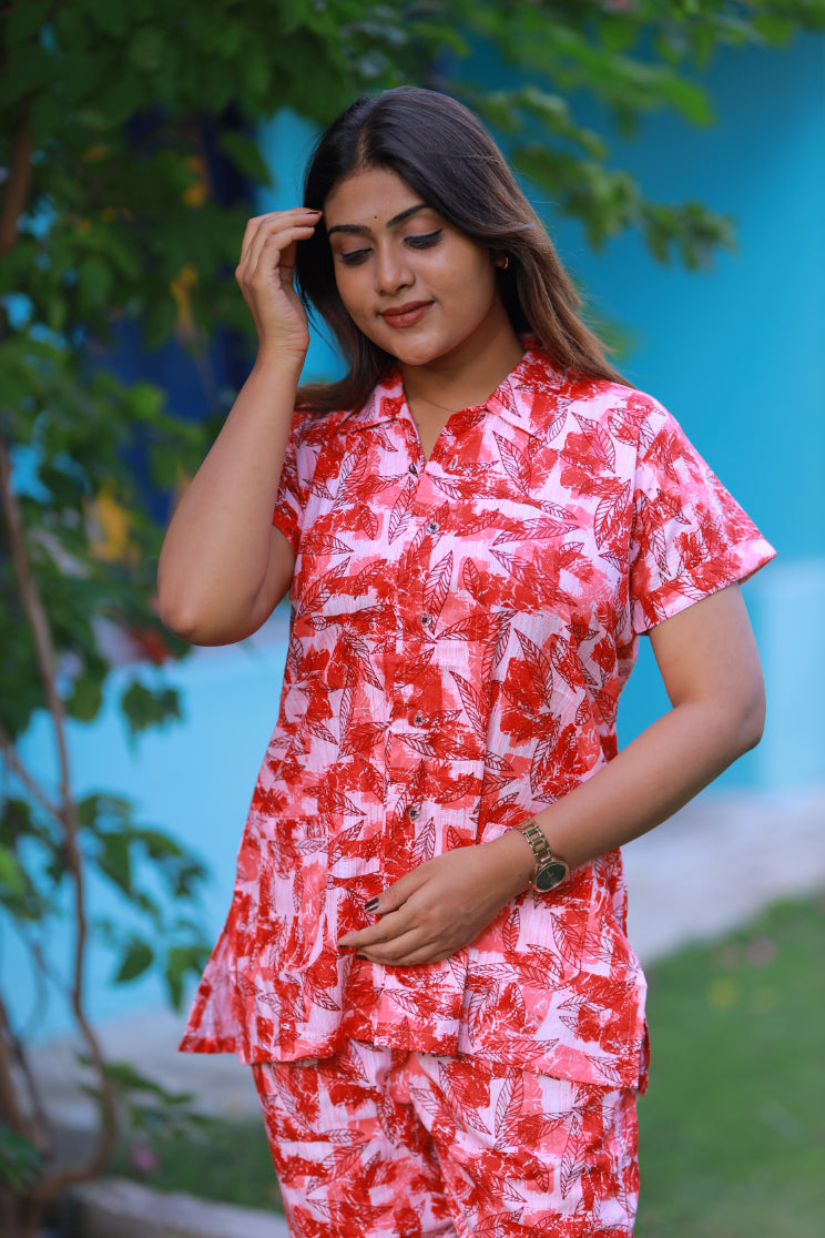 FANCY - Light Pink With Red Leaf Design full button collar type Nightdress