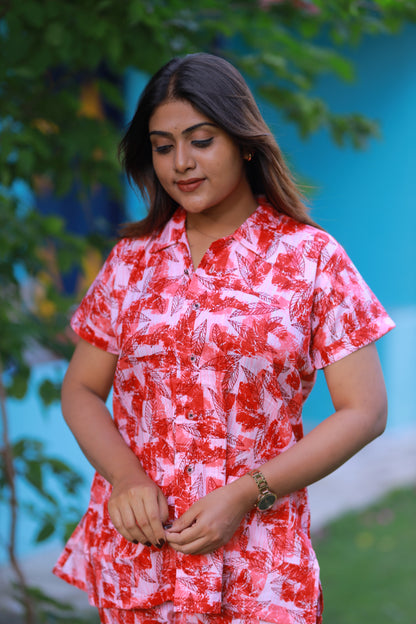 FANCY - Light Pink With Red Leaf Design full button collar type Nightdress