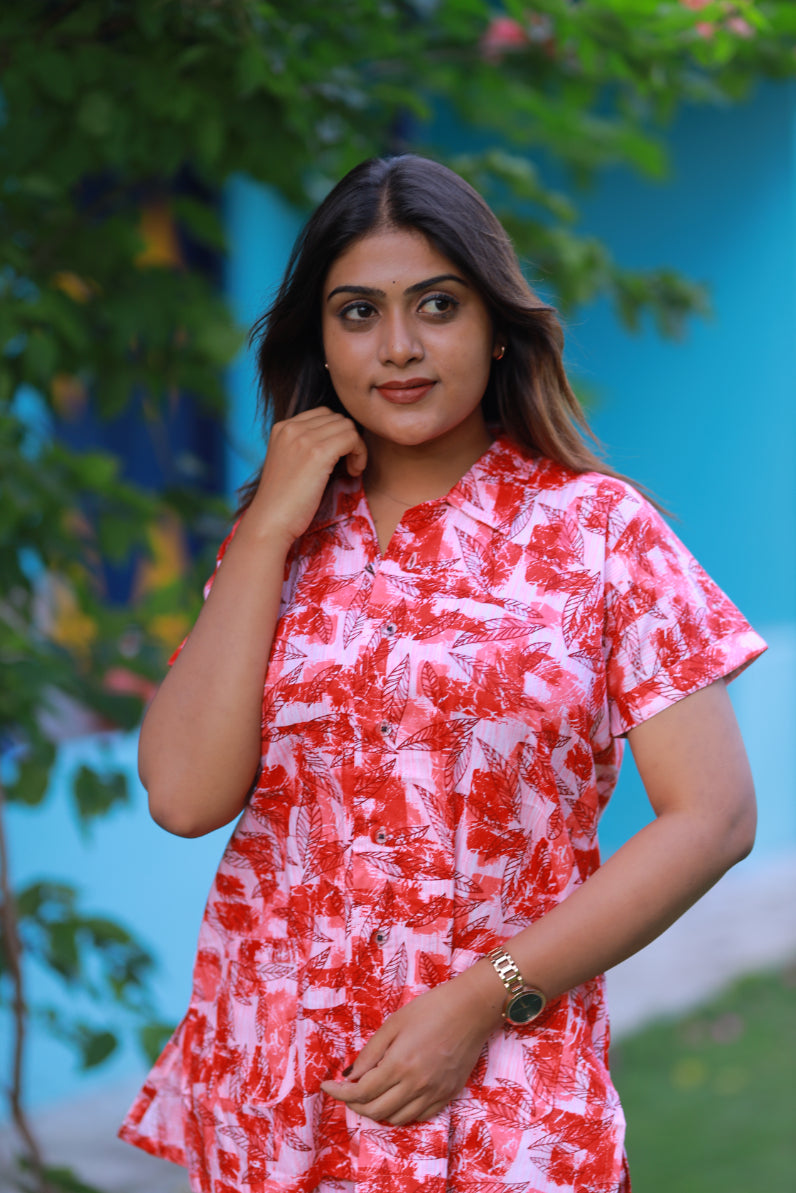 FANCY - Light Pink With Red Leaf Design full button collar type Nightdress