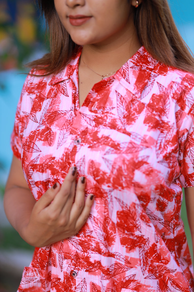 FANCY - Light Pink With Red Leaf Design full button collar type Nightdress